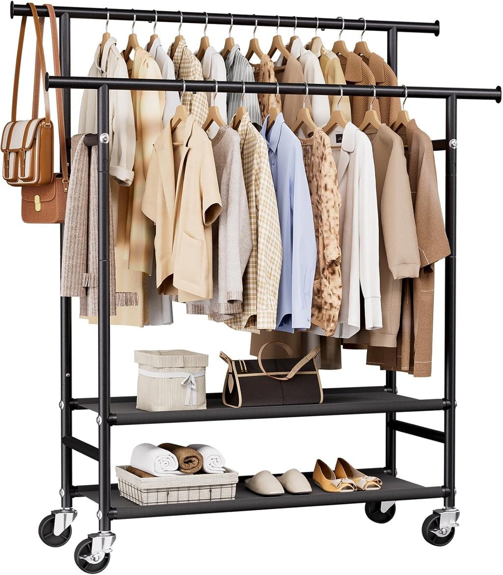 Sudetoil Clothes Rack,Double Rods Rolling Clothing Rack for Hanging Clothes