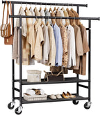 Sudetoil Clothes Rack,Double Rods Rolling Clothing Rack for Hanging Clothes