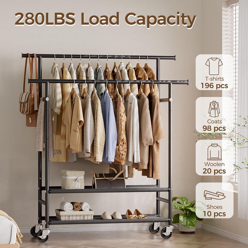 Sudetoil Clothes Rack,Double Rods Rolling Clothing Rack for Hanging Clothes