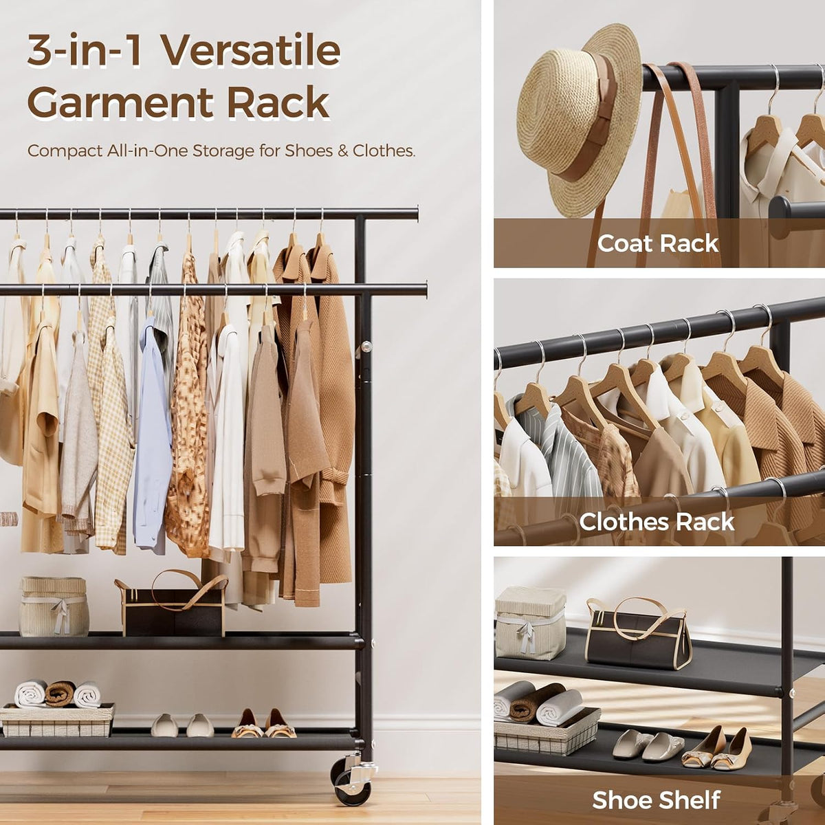 Sudetoil Clothes Rack,Double Rods Rolling Clothing Rack for Hanging Clothes