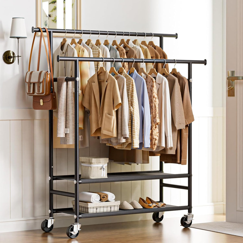 Sudetoil Clothes Rack,Double Rods Rolling Clothing Rack for Hanging Clothes